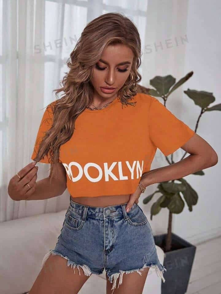 SHEIN Essnce Letter Printed Crop Top Short Sleeve T-Shirt For Summer, Casual