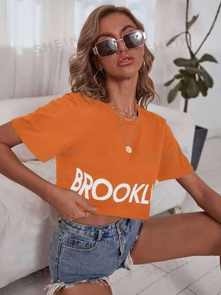 SHEIN Essnce Letter Printed Crop Top Short Sleeve T-Shirt For Summer, Casual