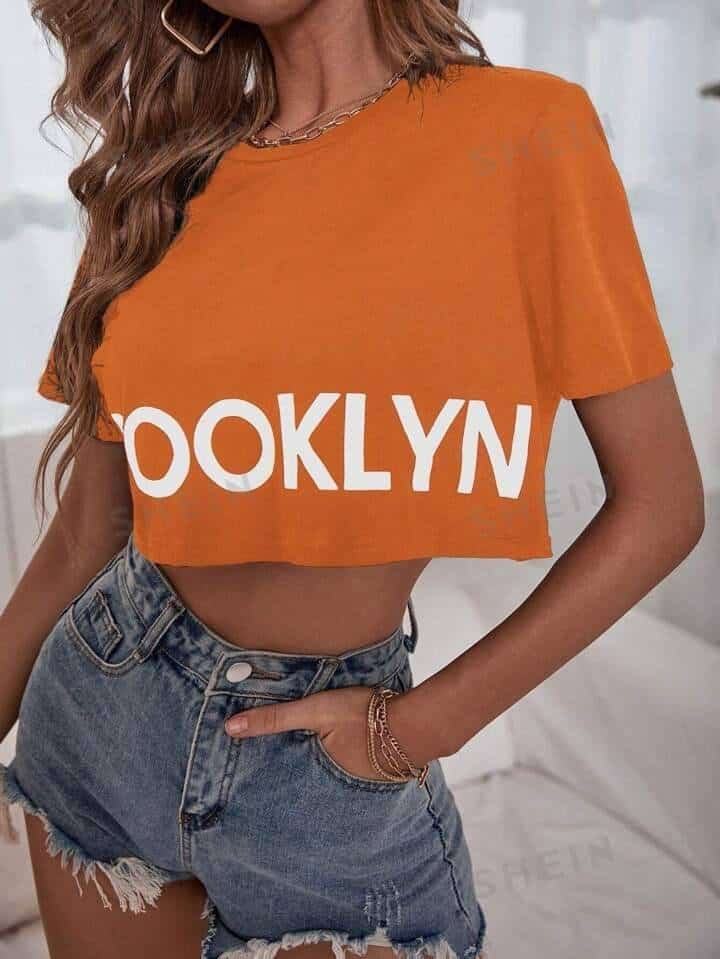 SHEIN Essnce Letter Printed Crop Top Short Sleeve T-Shirt For Summer, Casual