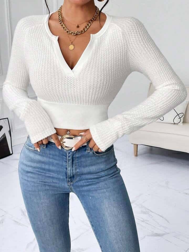 SHEIN Essnce Notched Neck Raglan Sleeve Crop Tee