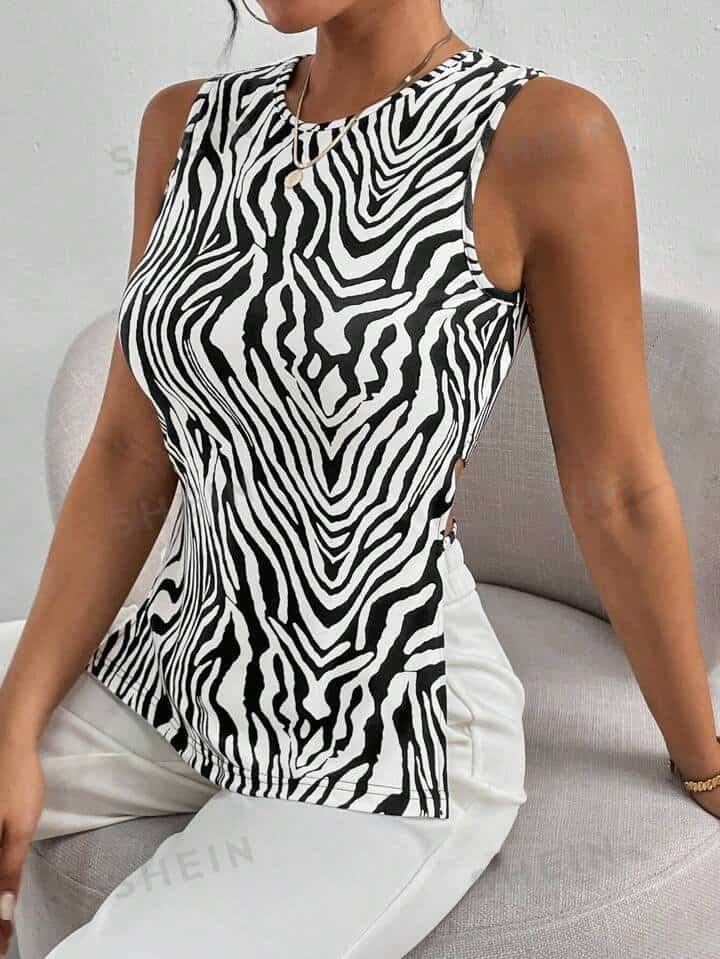 SHEIN Essnce Plus Size Women's Summer Casual Slim Fit Zebra Print Sexy Halter Top Vest