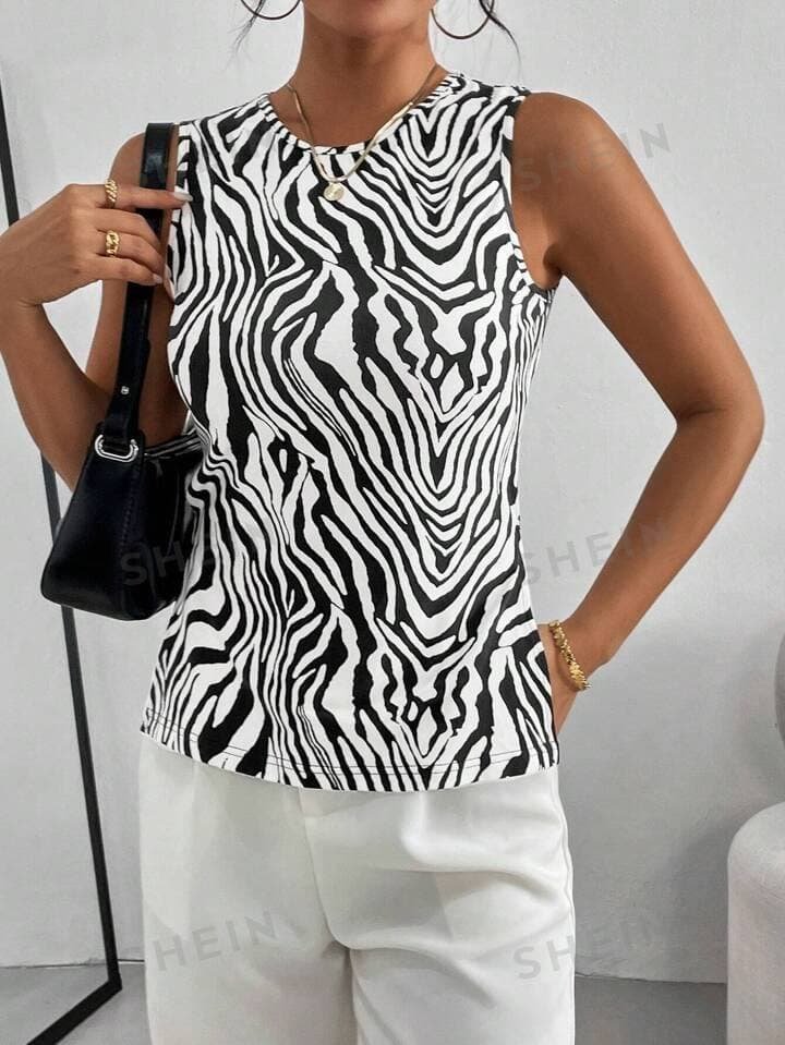 SHEIN Essnce Plus Size Women's Summer Casual Slim Fit Zebra Print Sexy Halter Top Vest
