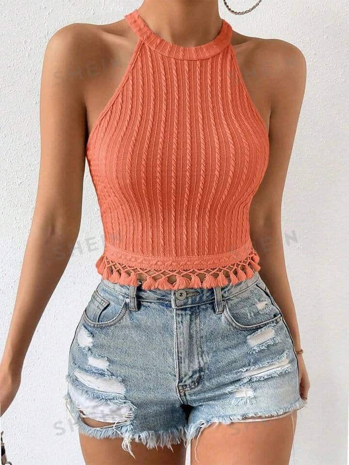 SHEIN Essnce Solid Tassel Trim Halter Top