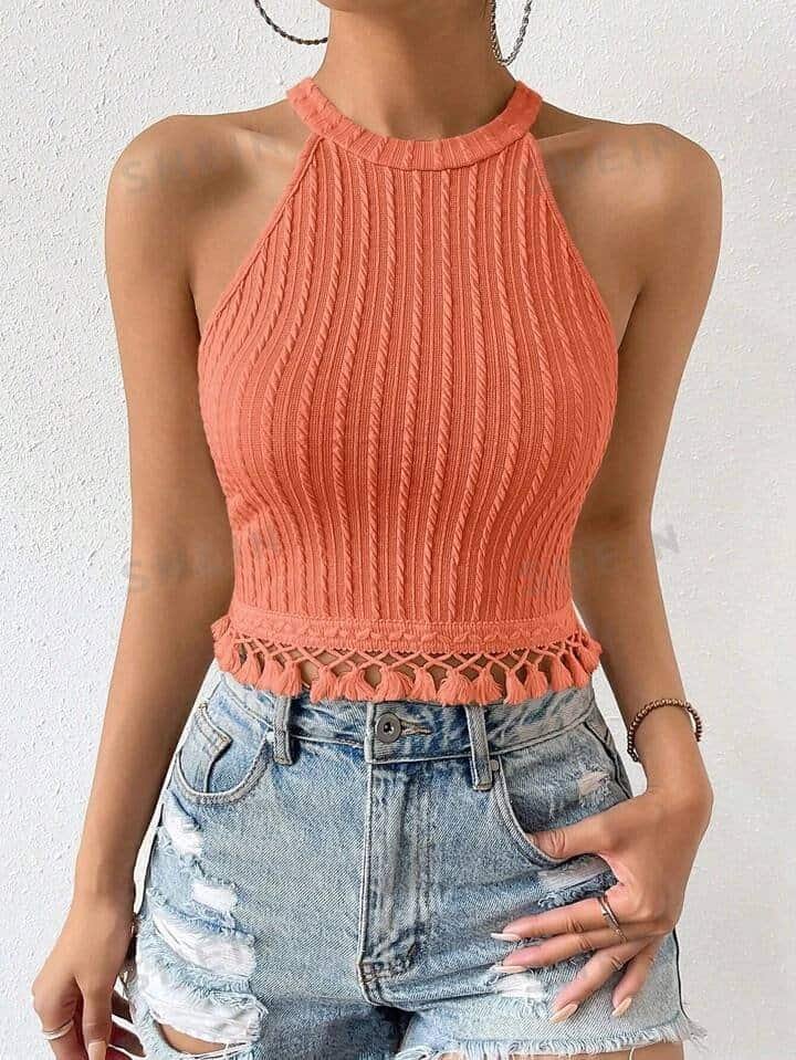 SHEIN Essnce Solid Tassel Trim Halter Top