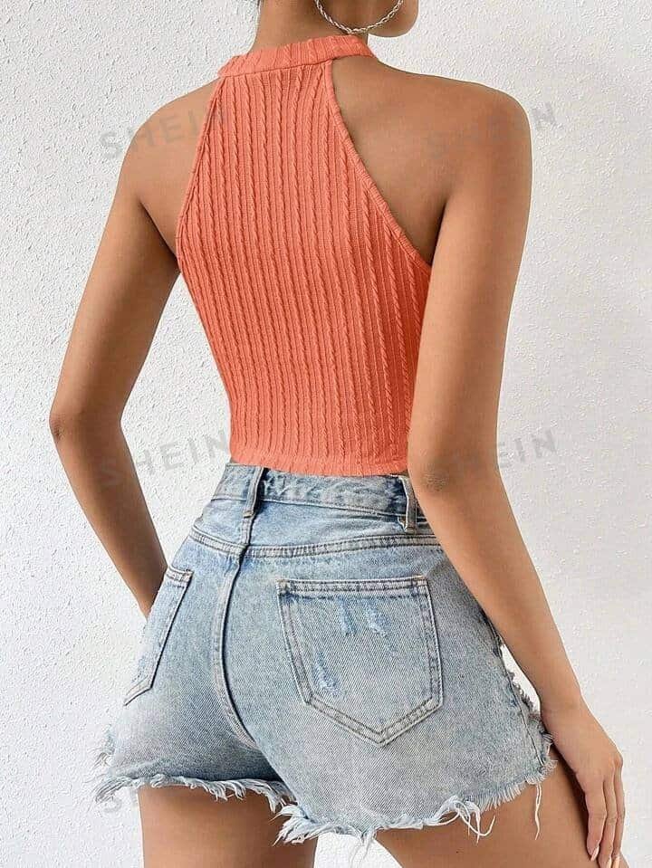 SHEIN Essnce Solid Tassel Trim Halter Top