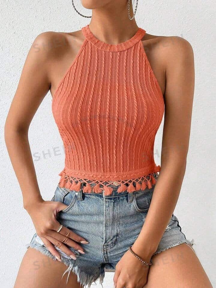 SHEIN Essnce Solid Tassel Trim Halter Top