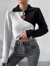 SHEIN Essnce Two Tone Cut Out Front Button Detail Crop Sweater
