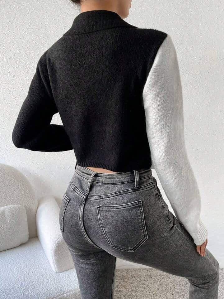 SHEIN Essnce Two Tone Cut Out Front Button Detail Crop Sweater
