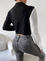 SHEIN Essnce Two Tone Cut Out Front Button Detail Crop Sweater