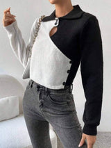SHEIN Essnce Two Tone Cut Out Front Button Detail Crop Sweater