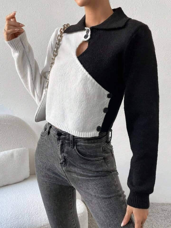 SHEIN Essnce Two Tone Cut Out Front Button Detail Crop Sweater