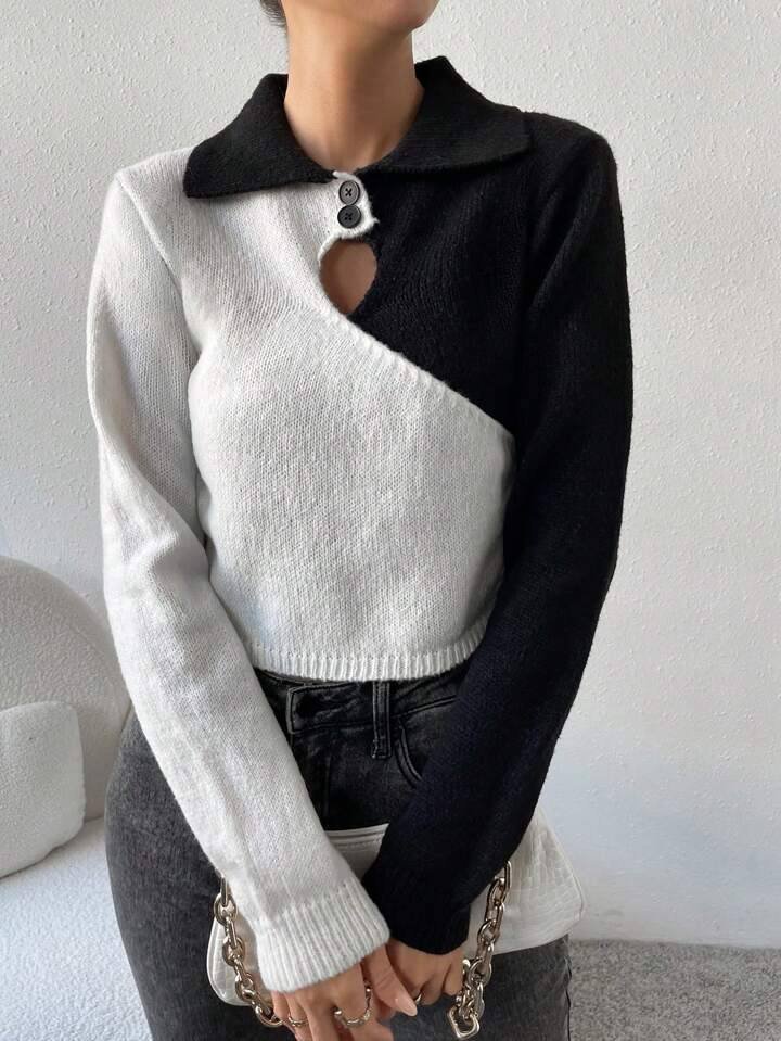 SHEIN Essnce Two Tone Cut Out Front Button Detail Crop Sweater