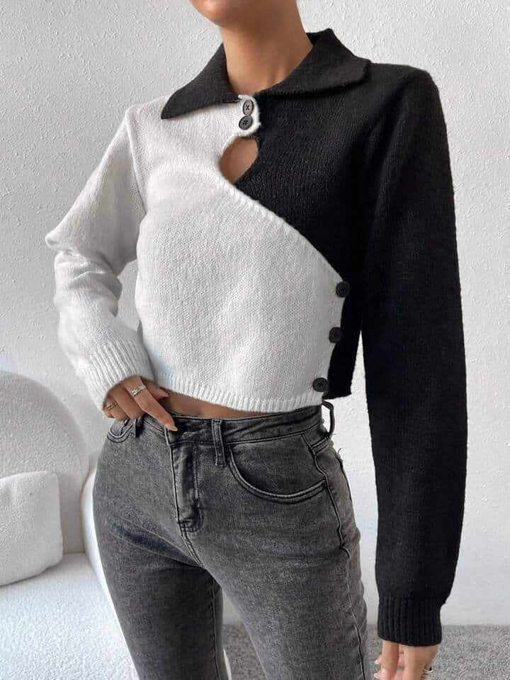 SHEIN Essnce Two Tone Cut Out Front Button Detail Crop Sweater