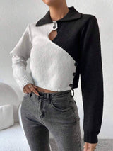 SHEIN Essnce Two Tone Cut Out Front Button Detail Crop Sweater
