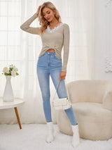 SHEIN Eyelash Lace Trim Asymmetrical Hem Sweater
