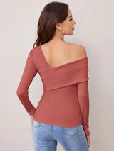 SHEIN Foldover Asymmetrical Neck Solid Tee