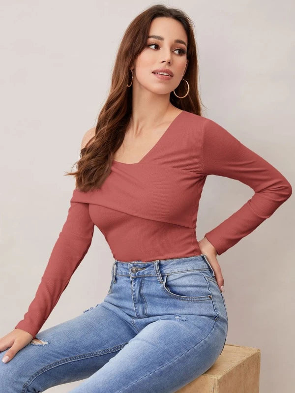 SHEIN Foldover Asymmetrical Neck Solid Tee