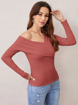 SHEIN Foldover Asymmetrical Neck Solid Tee