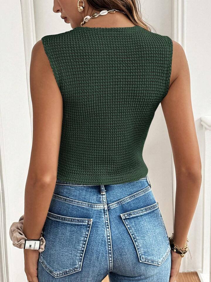 SHEIN Frenchy Casual Solid Color Textured Front Button Tank Top Commute Minimalist Office Old Money