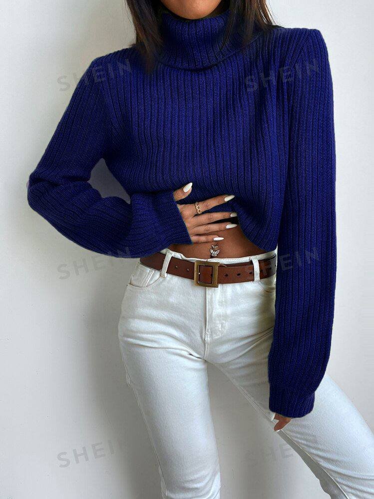 SHEIN Frenchy Solid Turtleneck Bishop Sleeve Crop Sweater