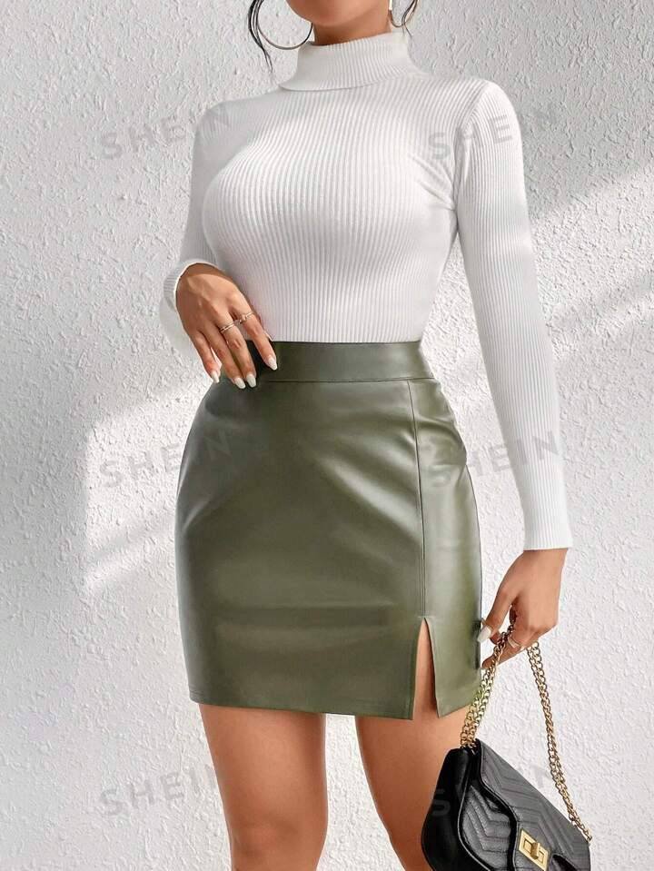SHEIN Frenchy Split Hem PU Leather Skirt