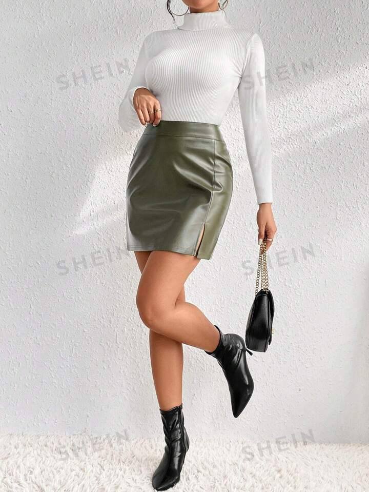 SHEIN Frenchy Split Hem PU Leather Skirt