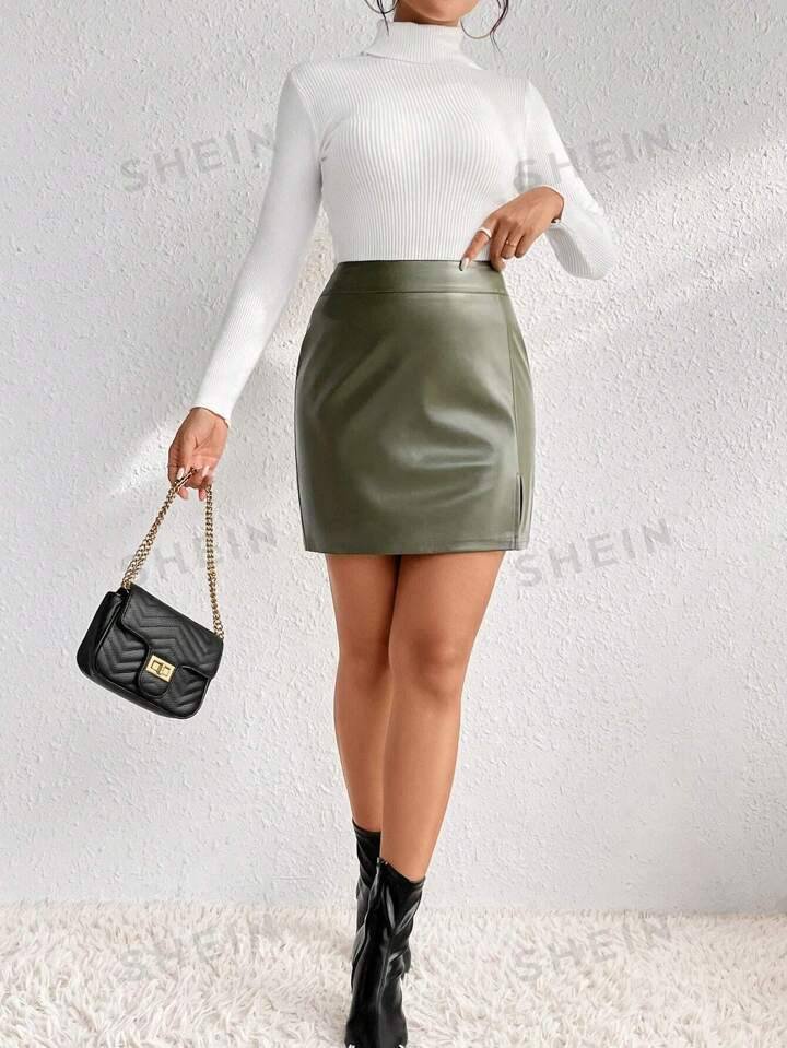 SHEIN Frenchy Split Hem PU Leather Skirt