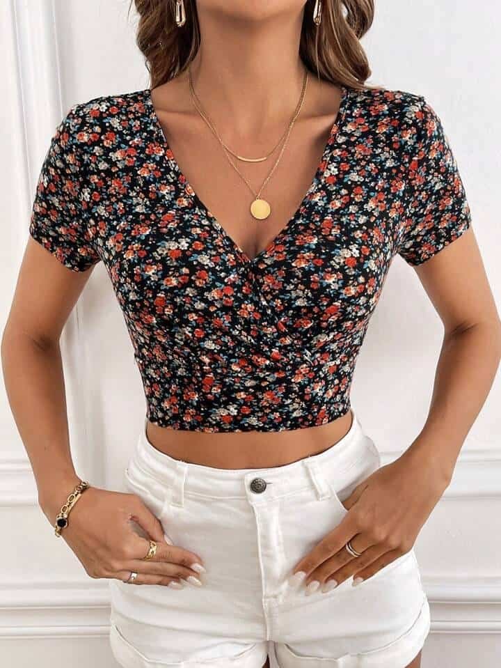 SHEIN Frenchy Women's Short Sleeve Cropped T-Shirt With Floral Print