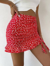 SHEIN Holidaya Ditsy Floral Ruched Detail Ruffle Hem Skirt Vacation Beach Outfits Women