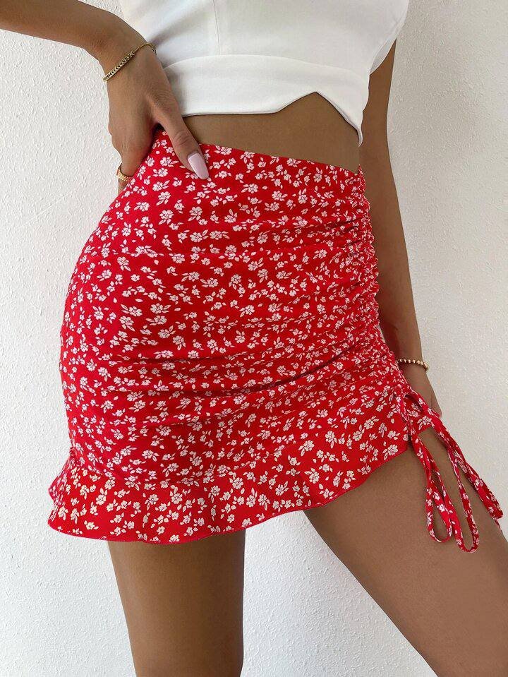SHEIN Holidaya Ditsy Floral Ruched Detail Ruffle Hem Skirt Vacation Beach Outfits Women