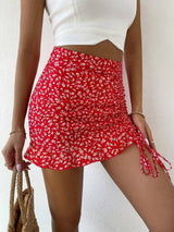 SHEIN Holidaya Ditsy Floral Ruched Detail Ruffle Hem Skirt Vacation Beach Outfits Women