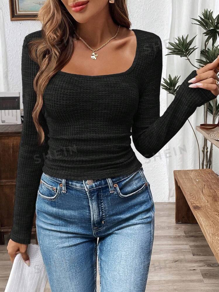 SHEIN LUNE 1pc Women Solid Color Ruched Long Sleeve Knit T-Shirt, Suitable For Autumn