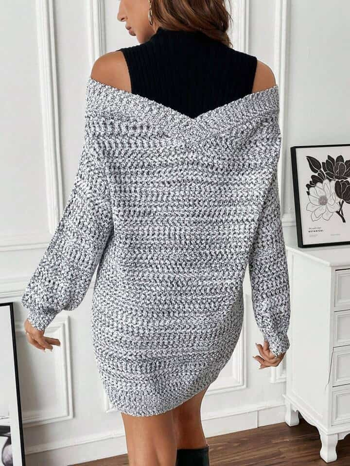 SHEIN LUNE Colorblock Cold Shoulder Sweater Dress Without Belt