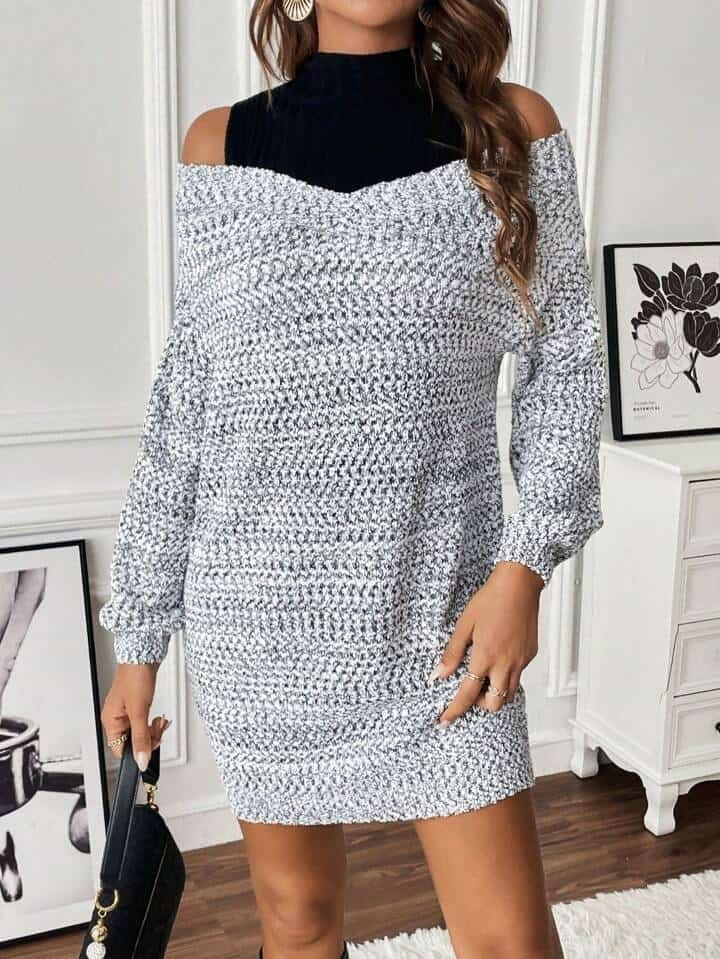 SHEIN LUNE Colorblock Cold Shoulder Sweater Dress Without Belt
