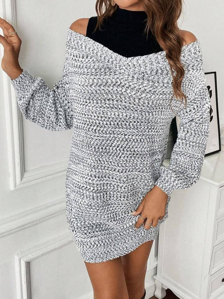SHEIN LUNE Colorblock Cold Shoulder Sweater Dress Without Belt