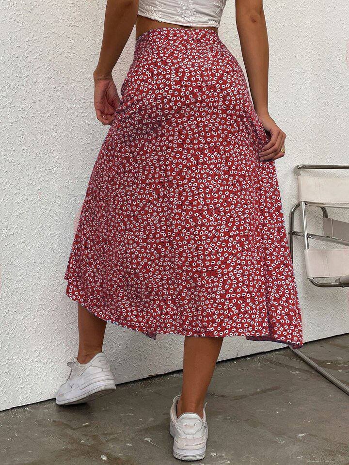 SHEIN LUNE Ditsy Floral Split Thigh Skirt For New Year Clothes Maxi Women Outfit
