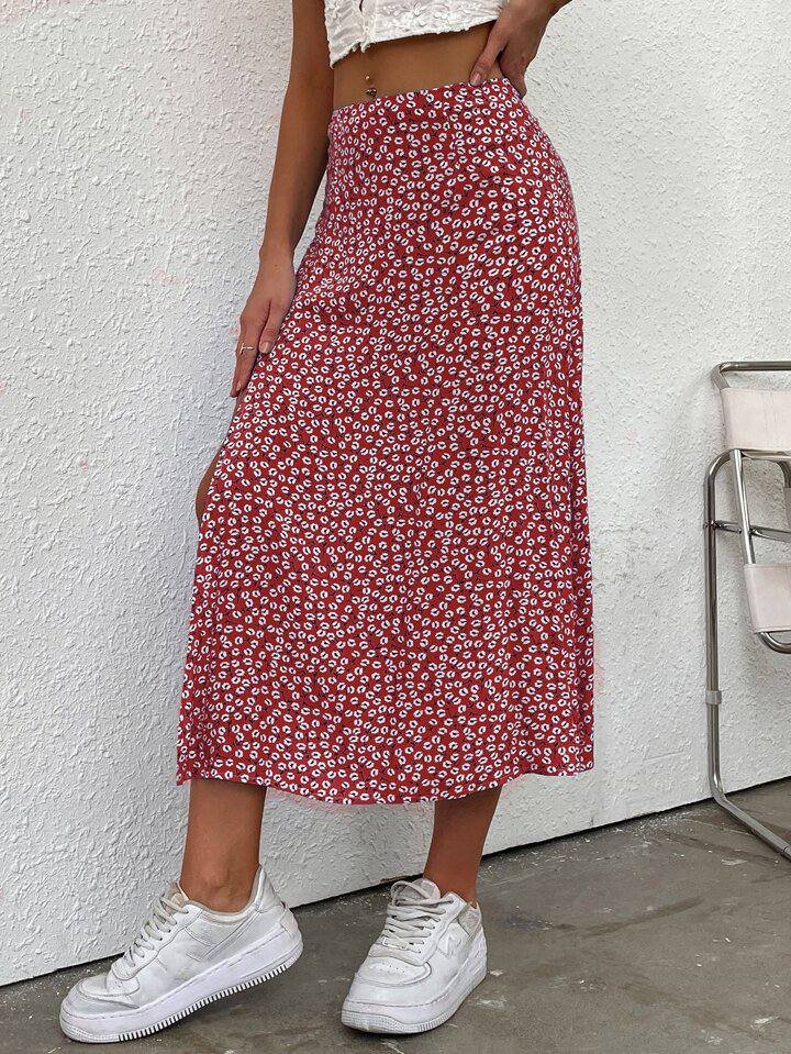 SHEIN LUNE Ditsy Floral Split Thigh Skirt For New Year Clothes Maxi Women Outfit