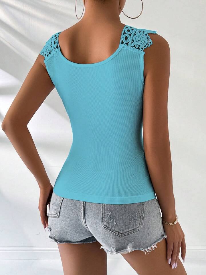 SHEIN LUNE Women's Solid Color Lace Trim Simple Casual Summer Tank Top