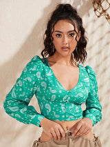 SHEIN Lantern Sleeve Shirred Hem Paisley Print Blouse