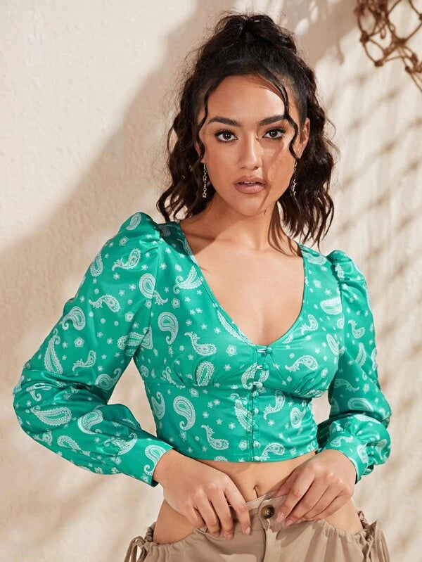 SHEIN Lantern Sleeve Shirred Hem Paisley Print Blouse