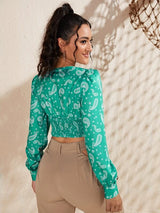 SHEIN Lantern Sleeve Shirred Hem Paisley Print Blouse