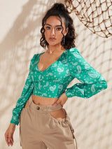 SHEIN Lantern Sleeve Shirred Hem Paisley Print Blouse