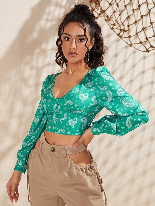 SHEIN Lantern Sleeve Shirred Hem Paisley Print Blouse