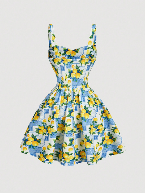 SHEIN MOD Yellow And Blue Floral Print Dress, Sleeveless Design, Square Neckline With Tie Detail