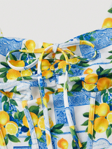SHEIN MOD Yellow And Blue Floral Print Dress, Sleeveless Design, Square Neckline With Tie Detail