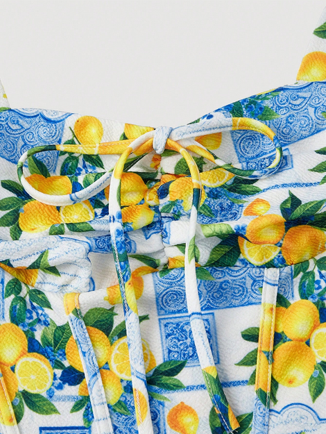 SHEIN MOD Yellow And Blue Floral Print Dress, Sleeveless Design, Square Neckline With Tie Detail