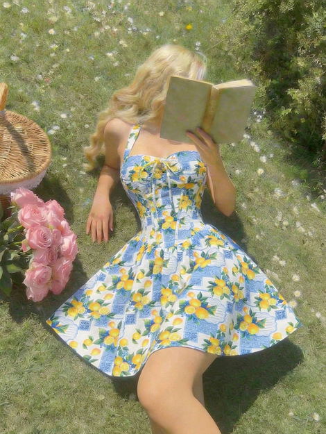 SHEIN MOD Yellow And Blue Floral Print Dress, Sleeveless Design, Square Neckline With Tie Detail