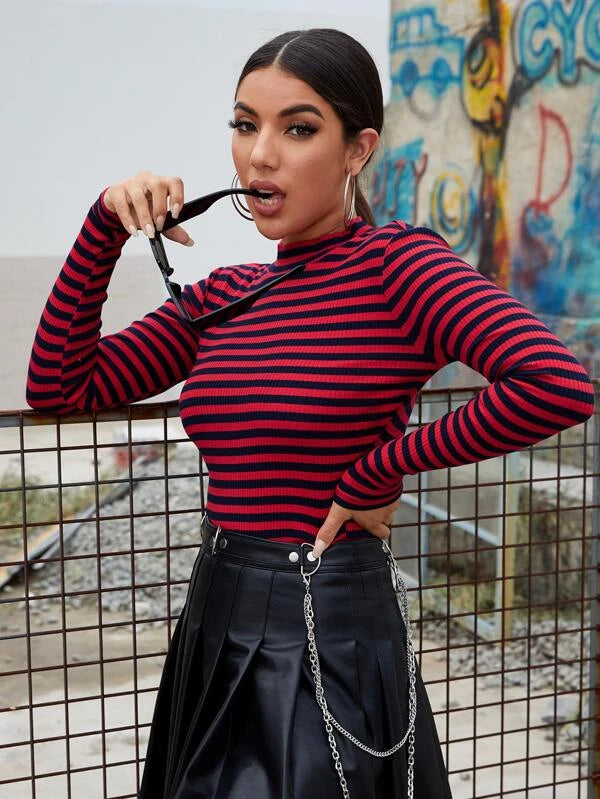 SHEIN Mock-neck Rib-knit Striped Tee