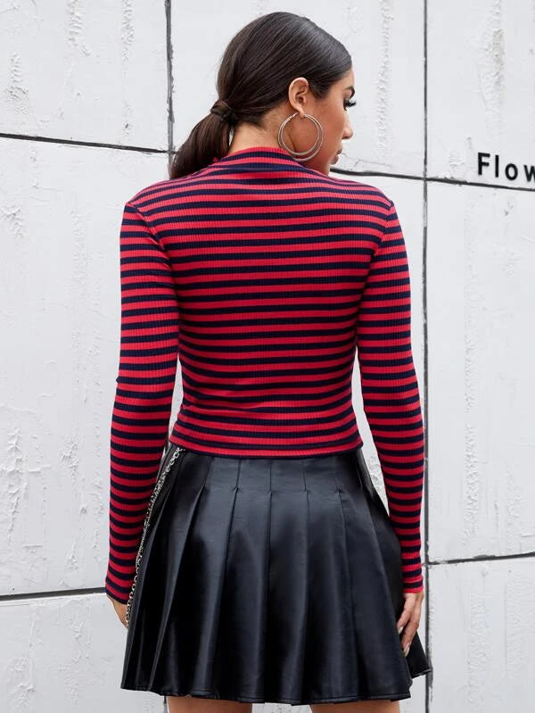 SHEIN Mock-neck Rib-knit Striped Tee