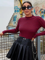 SHEIN Mock-neck Rib-knit Striped Tee